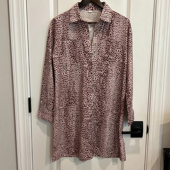 Cheetah Print Button Down Mini Shirt Dress Collared Long Sleeve Brown Small - Picture 3 of 7